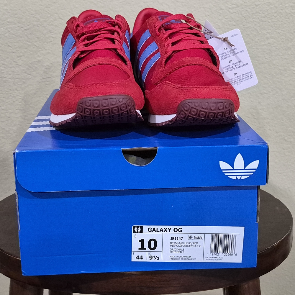 Adidas Galaxy OG Red Sneakers with Blue Stripes JR1147 Size 10